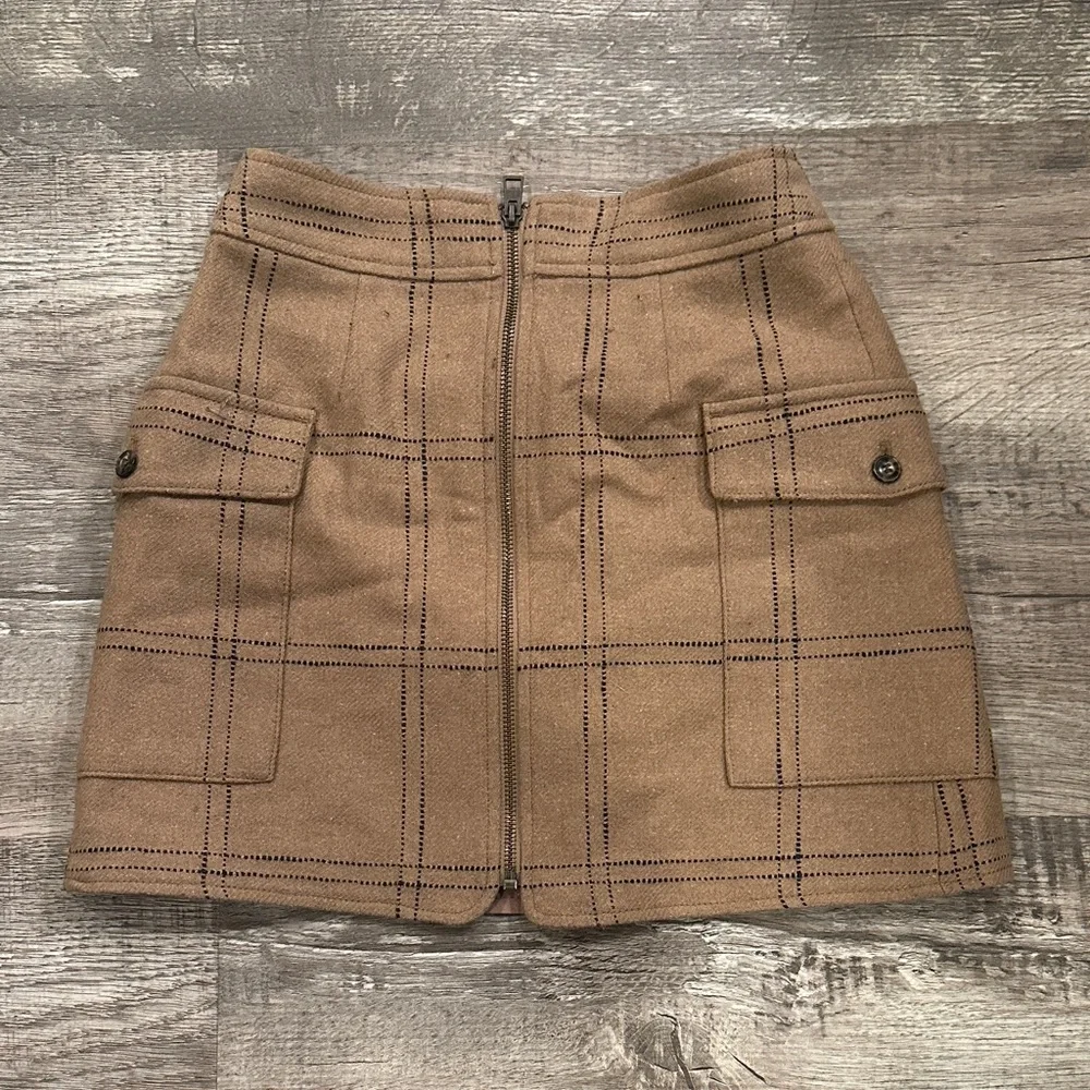 Madewell Zip Front Tan Plaid Wool Blend Mini Skirt